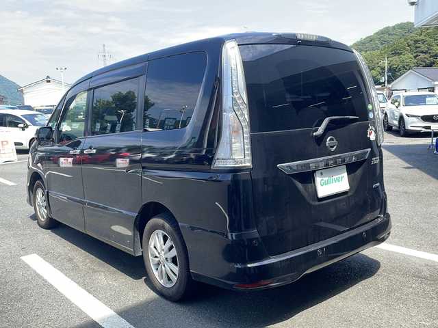 日産 セレナ ハイウェイスター Aセーフティ 京都府 2014(平26)年 19.5万km ダイヤモンドブラック 社外メモリナビ/BT/MSV/DVD/フルセグ/後席フリップダウンモニター/アラウンドビューモニター/エマージェンシーブレーキ/クルーズコントロール/LEDヘッドライト/両側パワースライドドア/ETC/純正15インチアルミ