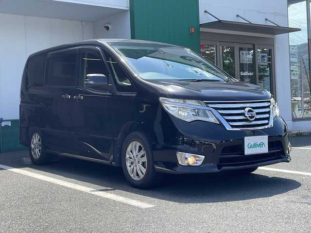 日産 セレナ ハイウェイスター Aセーフティ 京都府 2014(平26)年 19.5万km ダイヤモンドブラック 社外メモリナビ/BT/MSV/DVD/フルセグ/後席フリップダウンモニター/アラウンドビューモニター/エマージェンシーブレーキ/クルーズコントロール/LEDヘッドライト/両側パワースライドドア/ETC/純正15インチアルミ