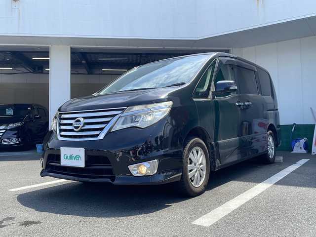 日産 セレナ ハイウェイスター Aセーフティ 京都府 2014(平26)年 19.5万km ダイヤモンドブラック 社外メモリナビ/BT/MSV/DVD/フルセグ/後席フリップダウンモニター/アラウンドビューモニター/エマージェンシーブレーキ/クルーズコントロール/LEDヘッドライト/両側パワースライドドア/ETC/純正15インチアルミ