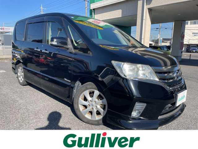 日産 セレナ ハイウェイS G Sハイブリッド 茨城県 2013(平25)年 12.1万km スーパーブラック HDDナビ/地デジテレビ/DVD/CD/FM/AM/BlueTooth接続/フリップダウンモニター/クルーズコントロール/両側パワースライドドア/ETC/バックカメラ/オートライト/電動格納ミラー/プッシュスタート/純正フロアマット