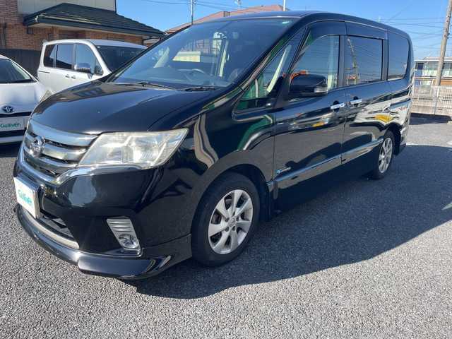 日産 セレナ ハイウェイS G Sハイブリッド 茨城県 2013(平25)年 12.1万km スーパーブラック HDDナビ/地デジテレビ/DVD/CD/FM/AM/BlueTooth接続/フリップダウンモニター/クルーズコントロール/両側パワースライドドア/ETC/バックカメラ/オートライト/電動格納ミラー/プッシュスタート/純正フロアマット