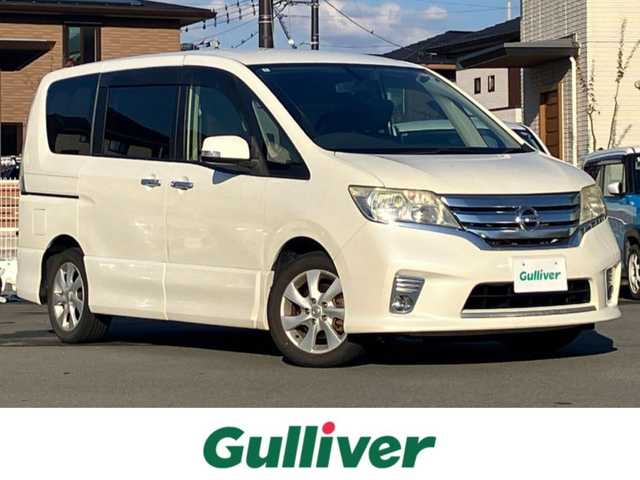 日産 セレナ ハイウェイスター 静岡県 2012(平24)年 14.5万km ブリリアントホワイトパール エンジンスタートボタン/パワーステアリング/パワーウィンドウ/アイドリングストップ/スマートキー/Wオートエアコン/クルーズコントロール/ETC/バックカメラ/純正ナビ（CD/DVD/BT/フルセグ）/三列シート/ドライブレコーダー/純正フロアマット/ウォークスルー/布シート/両側パワースライドドア/純正アルミホイール/ABS/横滑り防止装置/盗難防止装置/オートライト/キセノン/Wエアバッグ