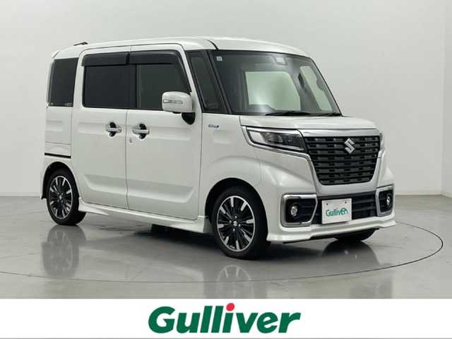 スズキ スペーシア カスタム HYBRID XS ターボ 熊本県 2019(令1)年 4.3万km ピュアホワイトP ワンオーナー/禁煙車　/社外8インチナビCN-RZ856（ＣＤ・ＤＶＤ・フルセグ・ＢＴ・ＳＤ・ＵＳＢ）/全周囲カメラ　/社外前方ドライブレコーダー　/両側パワースライドドア　/後ろのみコーナーセンサー　/運転席シートヒーター　/クルーズコントロール/衝突軽減ブレーキ/横滑り防止/アイドリングストップ/ハーフレザーシート/純正フロアマット/純正１５インチAW/オートライト/LEDヘッドライト/オートマチックハイビーム/フォグライト/スマートキー/プッシュスタート/スペアキー1本/保証書/取扱説明書