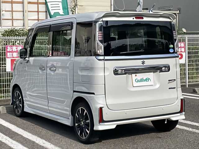 スズキ スペーシア カスタム HYBRID XS ターボ 兵庫県 2020(令2)年 4.7万km ピュアホワイトP ターボ車/セーフティサポート（予防安全技術）/デュアルセンサーブレーキサポート/車線逸脱警報/先行車発信お知らせ/後退時ブレーキサポート/リアパーキングセンサー/誤発信抑制/ふらつき警報/ハイビームアシスト/後方誤発進抑制/ディスプレイオーディオ/Bluetooth/USB/AUX/AppleCarPlay/全方位カメラ/ヘッドアップディスプレイ/両側パワースライドドア/前後ドライブレコーダー/パドルシフト/LEDヘッドランプ/オートライト/社外LEDフォグランプ（純正積込）/社外ワインカーミラーレンズ（純正積込）/SRSエアバック（運転席/助手席/サイド/カーテン）/オートエアコン/エコクール/リアヒーターダクト/スリムサーキュレーター/運転席シートヒーター/合皮ハーフレザーシート/パーソナルテーブル（後席左右）/保証書/取説/スペアキー