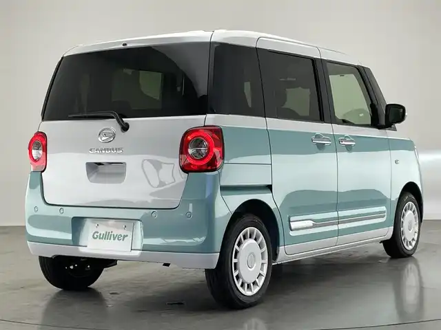ダイハツ ムーヴ キャンバス ストライプス G 愛知県 2024(令6)年 0.3万km シャイニングホワイトパール/ファインミントメタリック 純正ナビ　全方位カメラ　禁煙車　フルセグＴＶ　Ｂｌｕｅｔｏｏｔｈ　シートヒーター　ドリンクホルダーヒーター　両側パワスラ　スマアシIII　衝突軽減装置　コーナーセンサー　ＬＥＤオートライト　電動パーキング　