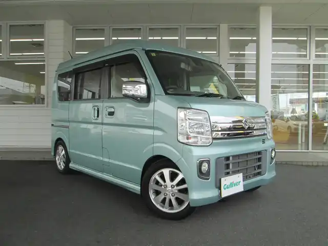 スズキ エブリィ ワゴン PZターボ スペシャル 千葉県 2018(平30)年 3.1万km ガーデニングアクアM ハイルーフ/純正ナビ、フルセグTV/バックカメラ/純正オーディオ【DVD/CD/BT/SD/USB】/レーダーブレーキサポート/両側パワースライドドア/左オートステップ/ローダウン(純正サス積込)/HIDヘッドライト&黄LEDフォグ(純正積込)/ナビ連動ステアリングスイッチ/革調シートカバー/メッキドアミラー(純正積込)/LED室内灯(純正積込)/社外ホーン(純正積込)/ルームミラー型前後ドライブレコーダー/ETC、スペアキー/取扱説明書/ナビ取扱説明書/新車時保証書/整備記録簿(R3/R5)