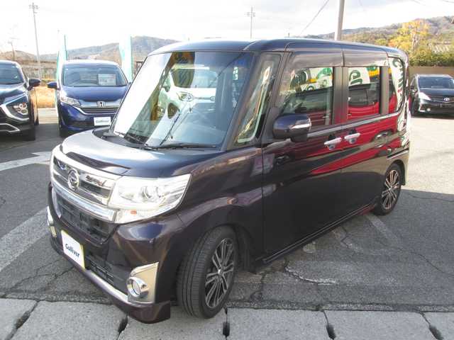 ダイハツ タント カスタム RS SA 広島県 2014(平26)年 5.7万km ナイトシャドーパープルクリスタルM 新車ワンオーナー/両側パワースライドドア/スマートアシスト/革調シートカバー/ローダウン/オートライト/エコアイドル/新車保証書/取扱説明書