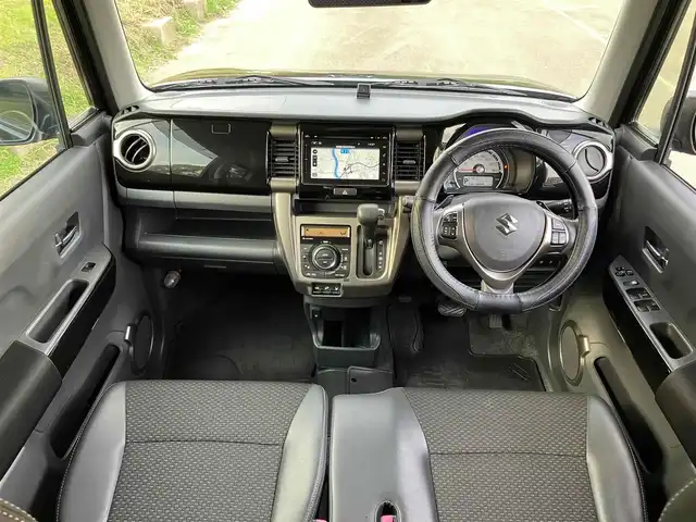 スズキ ハスラー Jスタイル Ⅱ ターボ 福岡県 2016(平28)年 7.4万km ブルーイッシュブラックパール3 4WD/ターボ/デュアルカメラブレーキサポート/誤発進抑制機能/車線逸脱警報/ふらつき警報/先行車発進お知らせ機能/ワンオーナー/純正メモリナビ/　フルセグTV/CD/DVD/Bluetooth/アラウンドビューモニター/ハーフレザーシート/前席シートヒーター/クルーズコントロール/パドルシフト/ステアリングスイッチ/アイドリングストップ/ウィンカーミラー/クルーズコントロール/ドアバイザー/純正ラバーマット/プッシュスタート/ETC/HIDヘッドライト/純正15インチアルミホイール/保証書/取扱説明書