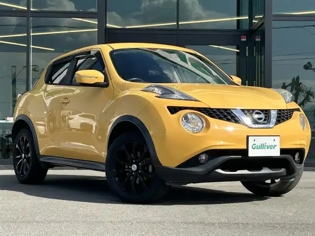 日産 ジューク 15RX Vセレクション 愛媛県 2016(平28)年 3.4万km サンライトイエロー 純正7型ナビ(Bluetooth/フルセグTV)/バックカメラ/アイドリングストップ/純正フロアマット/オートライト/ETC/プッシュスタート/革巻きステアリング/純正１７インチアルミホイール/テレビキャンセラー/現状サマー(純正AW)(215/55/R17)
