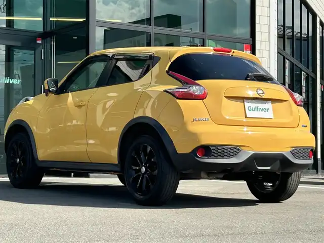 日産 ジューク 15RX Vセレクション 愛媛県 2016(平28)年 3.4万km サンライトイエロー 純正7型ナビ(Bluetooth/フルセグTV)/バックカメラ/アイドリングストップ/純正フロアマット/オートライト/ETC/プッシュスタート/革巻きステアリング/純正１７インチアルミホイール/テレビキャンセラー/現状サマー(純正AW)(215/55/R17)