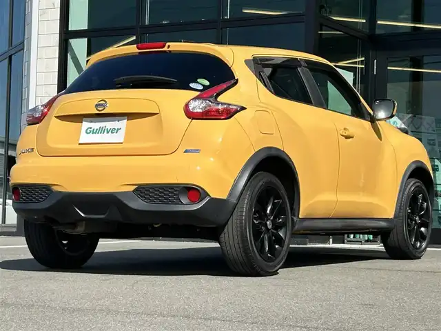 日産 ジューク 15RX Vセレクション 愛媛県 2016(平28)年 3.4万km サンライトイエロー 純正7型ナビ(Bluetooth/フルセグTV)/バックカメラ/アイドリングストップ/純正フロアマット/オートライト/ETC/プッシュスタート/革巻きステアリング/純正１７インチアルミホイール/テレビキャンセラー/現状サマー(純正AW)(215/55/R17)