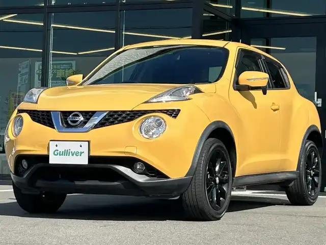 日産 ジューク 15RX Vセレクション 愛媛県 2016(平28)年 3.4万km サンライトイエロー 純正7型ナビ(Bluetooth/フルセグTV)/バックカメラ/アイドリングストップ/純正フロアマット/オートライト/ETC/プッシュスタート/革巻きステアリング/純正１７インチアルミホイール/テレビキャンセラー/現状サマー(純正AW)(215/55/R17)