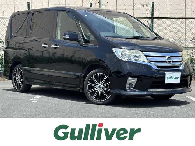 日産 セレナ ハイウェイスター 東京都 2011(平23)年 7.4万km スーパーブラック KENWOODナビ/バックカメラ/４スピーカー/クルーズコントロール/アイドリングストップ/ヒルスタートアシスト/VDC/両側パワースライドドア（運転席側/助手席側）/ハロゲンヘッドランプ/オートライト/シルバー横３本桟バーフロントグリル/開口部メッキ加飾付台形フロントエアロバンパー/フロントハロゲンフォグランプ/サイドシルスポイラー/リアエアロバンパー/レッドレンズハイマウントストップランプ/ボディ同色電動格納ドアミラー/ウィンカーミラー/専用サスペンション/グロスブラックインパネ加飾/メッキ枠付シルバーシフトパネル/革巻きステアリングホイール/クルコンスイッチ/無塗装ドアスイッチベース/SRSエアバック  （運転席/助手席）/オートエアコン/リアクーラー/ブラックジャガード織物/トリコットコンビシート/折りたたみ格納式パーソナルテーブル（２列目）/インテリジェントキー/プッシュエンジンスターター/イモビライザー