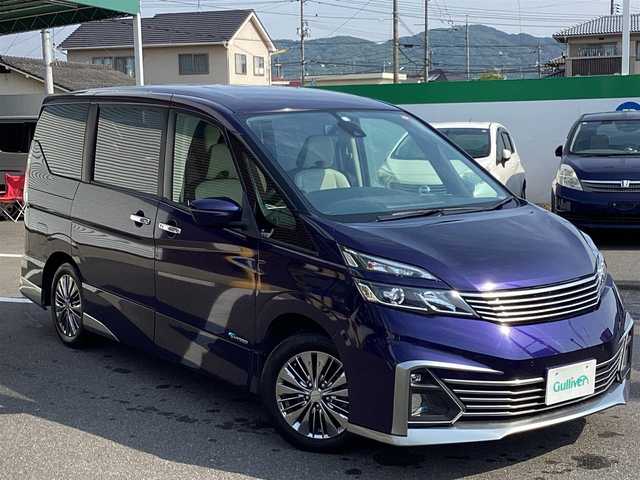 日産 セレナ ライダー プロパイロット E 岡山県 2016(平28)年 9.3万km アズライトブルー 純正ナビ/フリップダウンモニター/フルセグ/BT/バックカメラ/ETC/レザーシート/Ｄ/Ｎシートヒーター/両側パワースライドドア/純正16ＡＷ/LEDヘッドライト/オートライト/コーナーセンサー/アダプティブクルーズコントロール/プロパイロット/衝突軽減ブレーキ/レーンキープアシスト/オートホールド/スマートキー/プッシュスタート