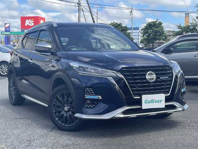 日産 キックス オーテック 群馬県 2022(令4)年 7.7万km 紺Ⅱ 純正SDナビ、地デジ、Bluetooth、CD、DVD/アラウンドビューモニター/レーダークルーズコントロール/プロパイロット/前席シートヒーター/革巻きステア/ETC/LEDヘッドライト/ウインカーミラー/純正ドライブレコーダー（前後）/コーナーセンサー（前後）/ドアバイザー/保証書