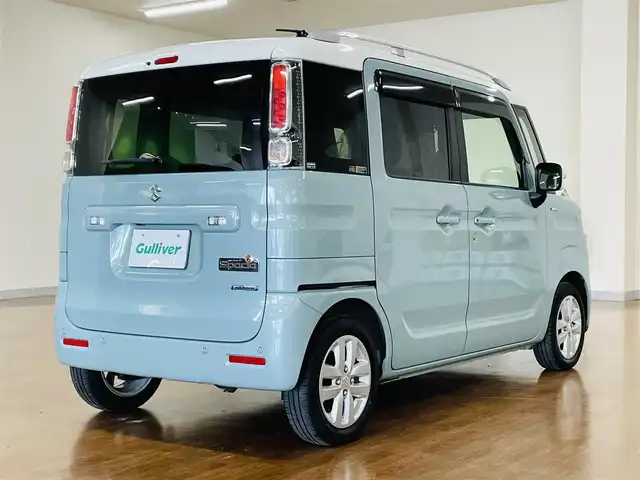 スズキ スペーシア HYBRID X 道央・札幌 2018(平30)年 5.1万km オフブルーメタリック/ホワイト2トーン 4WD/ワンオーナー/社外SDナビ/・フルセグTV/CD/DVD/BT/SD/バックカメラ/純正エンジンスターター/両側パワースライドドア /前席シートヒーター/スズキセーフティサポート/・デュアルセンサーブレーキサポート/・前後誤発進抑制機能/・車線逸脱警報機能/・先行車発進お知らせ機能/・標識認識機能/横滑り防止装置/前後コーナーセンサー/アイドリングストップ/純正フロアマット/純正ドアバイザー/ルーフレール/ウインカーミラー/オートライト/LEDヘッドライト/純正14インチAW/積込社外AW付き冬タイヤ/・155/65R14 ’18製 5mm/新車時保証書/取扱説明書/ナビ取扱説明書