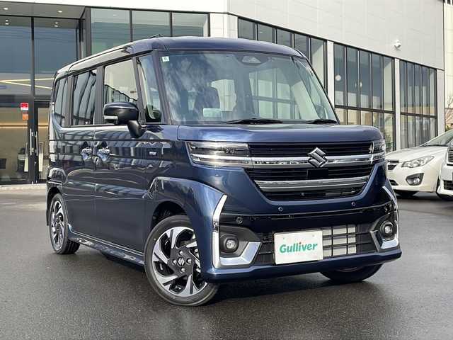 スズキ スペーシア カスタム HYBRID XS ターボ 青森県 2024(令6)年 0.1万km インディゴブルーメタリック/ブラック ・ワンオーナー/・4WD/・ターボ/・純正ナビ/・全方位カメラ/・Bluetooth/フルセグ/・衝突軽減ブレーキ/・レーンキープアシスト/・レーダークルーズコントロール/・シートヒーター/・ミラーヒーター/・ハンドルヒーター/・両側パワースライドドア/・ドラレコ付デジタルインナーミラー/・ビルトインETC/・社外フロアマット/・純正15AW/・純正LEDヘッドライト/・スペアキー有/・保証書・取説あり