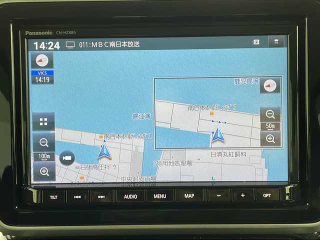 スズキ スペーシア カスタム HYBRID XS 鹿児島県 2023(令5)年 2.2万km 紺 純正8インチナビ/（AM/FM/CD/DVD/Bluetooth）/全方位カメラ/両側パワースライドドア/レーダークルーズコントロール/衝突軽減システム/ヘッドアップディスプレイ/シートヒーター/フルセグTV/ハーフレザーシート/コーナーセンサー/純正アルミホイール/LEDヘッドライト/パドルシフト/オートマチックハイビーム/ドライブレコーダー/ETC/ステアリングスイッチ/スマートキー/プッシュスタート