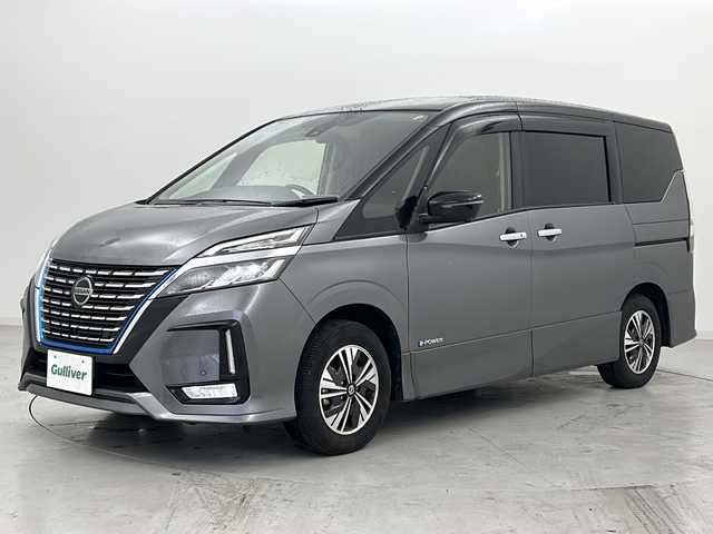 日産 セレナ e－パワー ハイウェイスター V 宮城県 2021(令3)年 2.6万km ダークメタルグレー/ダイヤモンドブラック プロパイロット/エマージェンシーブレーキ/側方支援/ブラインドスポットモニター/デジタルインナーミラー/全周囲カメラ/純正10インチSDナビ/・BT.CD.DVD.SD.USB.HDMI.ブルーレイ/フルセグTV/純正フリップダウンモニター/両側パワースライドドア/ハンズフリースライドドア/合皮シート/前席シートヒーター/ステアリングヒーター/ステアリングスイッチ/プッシュスタート/スマートキー×2/ETC/ドライブレコーダー（F）/電動パーキングブレーキ/LEDヘッドライト/LEDフォグライト/純正フロアマット/純正15インチAW/ロールサンシェード/シートバックテーブル/ドアバイザー