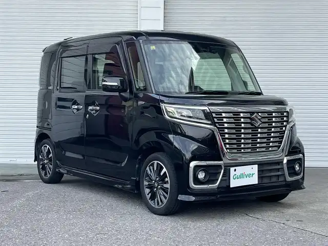 スズキ スペーシア カスタム HYBRID XS 高知県 2018(平30)年 6.2万km ブルーイッシュブラックパール3 純正ナビ/　Bluetooth/フルセグ/　CD/DVD/AM/FM/ドライブレコーダー/ビルトインETC/両側パワースライドドア/LEDヘッドライト/コーナーセンサー/ベンチシート/プッシュスタート/スマートキー/スペアキー/アイドリングストップ/ハーフレザー/シートヒーター/純正フロアマット/純正15インチアルミホイール/オートライト/衝突被害軽減システム/盗難防止装置