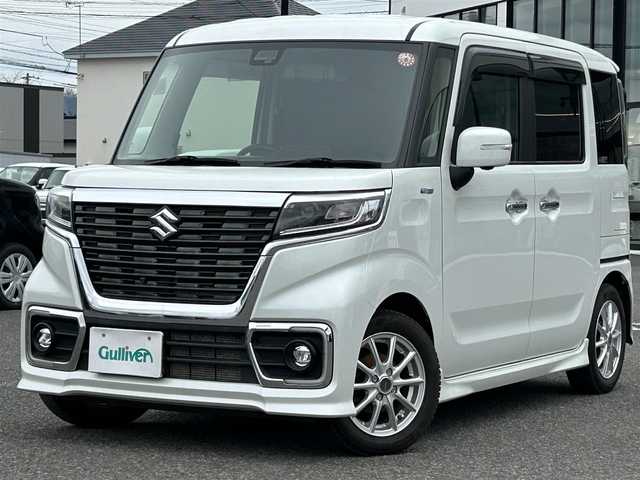 スズキ スペーシア カスタム HYBRID XS 道央・札幌 2018(平30)年 7.3万km ピュアホワイトP ・４WD/・衝突軽減ブレーキ/・両側パワースライドドア/・純正SDナビ/　CD＆DVD＆BT＆TV/・ヘッドアップディスプレイ/・社外エンジンスターター/・LEDヘッドライト/・ステアリングスイッチ/・ドアバイザー/・シートヒーター/・社外ドライブレコーダー/・プッシュスタート/・スマートキー/・オートライト/・オートエアコン/・コーナーセンサー/・レーンキープアシスト