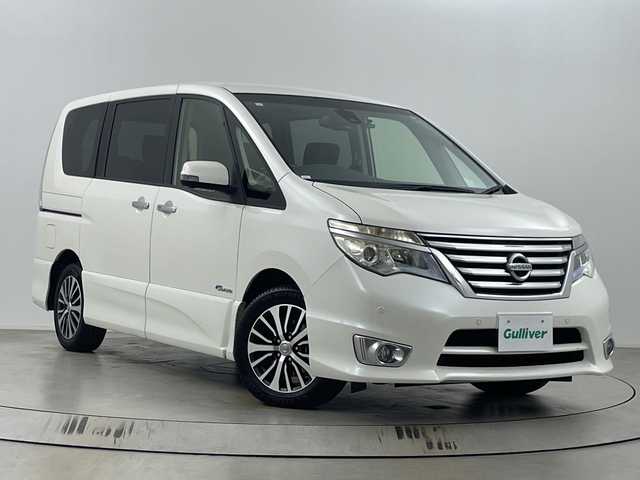 日産 セレナ HWS S HV Vセレ +Sefty 埼玉県 2015(平27)年 6.6万km ブリリアントホワイトパール フリップダウンモニター/純正SDナビ/（BT/CD/DVD/フルTV/AM/FM）/アラウンドビューモニター/両側パワースライドドア/前方ドラレコ/ビルトインETC/ロールサンシェード/衝突軽減ブレーキ/レーンキープアシスト/コーナーセンサー/純正フロアマット/純正アルミホイール/キセノンライト/フロントフォグランプ/スペア1本