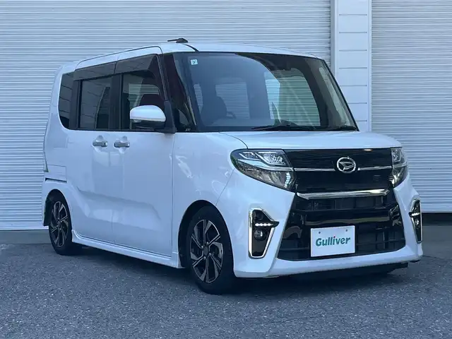 ダイハツ タント カスタム X 高知県 2019(令1)年 6.4万km シャイニングホワイトパール 純正ナビ/　Bluetooth/フルセグ/　CD/DVD/AM/FM/全方位カメラ/両側パワースライドドア /ETC/ナビ連動ドライブレコーダー/ローダウン/ロングスライドシート/パーキングアシスト/ハーフレザーシート/ロールサンシェード/コーナーセンサー/ステアリングスイッチ/プッシュスタート/スペアキー/純正フロアマット/純正14インチアルミホイール/LEDヘッドライト/オートライト/アイドリングストップ/ベンチシート/盗難防止装置