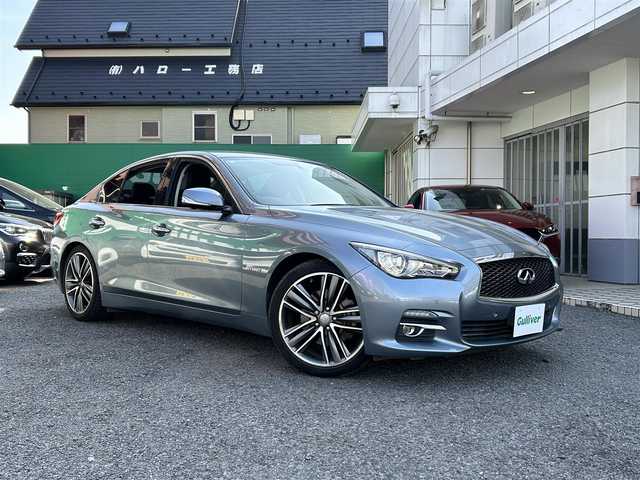 日産 スカイライン ハイブリッド 350GT 東京都 2014(平26)年 4.7万km ハガネブルーM 純正ナビ(Am/FM/DISC/BT/USB/ipod/Music BOX/フルセグTV/AUX)/バックカメラ/全方位カメラ/F/Rコーナーセンサー/ハーフレザーシート/衝突防止機能/D席/N席パワーシート/前後ドラレコ/スマートキー/プッシュスタート/ETC/LEDライト/オートライト/ステアリングスイッチ/アイドリングストップ/純正フロアマット/電格ウィンカーミラー/純正19インチアルミホイール/Wエアバック/横滑り防止機能/保証書/取扱説明書/記録簿