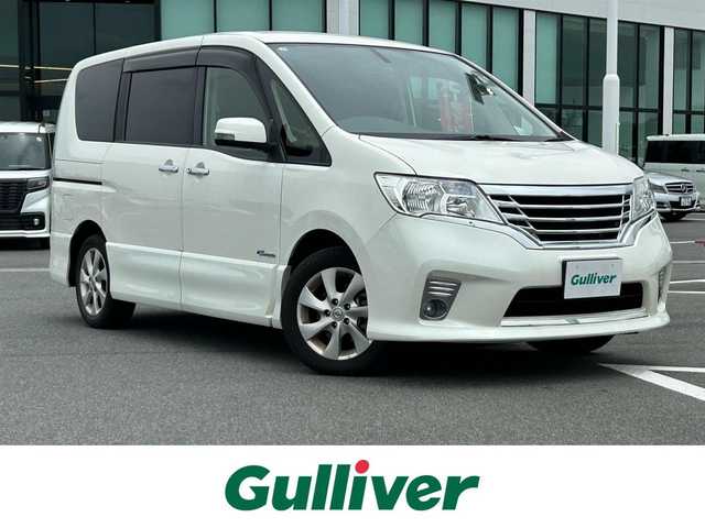 日産 セレナ ハイウェイスター Sハイブリッド 奈良県 2013(平25)年 6.8万km ブリリアントホワイトパール 社外ナビ　/フルセグTV　/Bluetooth　/ETC　/CDチェンジャー/DVD再生機能　/後席用モニター　/バックカメラ　/ドライブレコーダー前後　/クルーズコントロール　/両側パワースライドドア　/社外マット　/純正アルミホイール　/オートライト/スペアキー/盗難防止装置