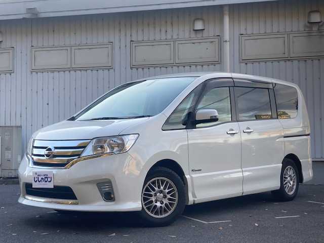 日産 セレナ ハイウェイスター S HV Vセレ 栃木県 2013(平25)年 7.8万km ブリリアントホワイトパール 純正ＳＤナビ/（AM/FM/CD/DVD/BT)/バックカメラ　/フルセグＴＶ　/両側パワースライドドア　/フリップダウンモニター　/ＥＴＣ　/クルーズコントロール　/オートライト　/ＨＩＤヘッドライト　/純正フロアマット　/スマートキー