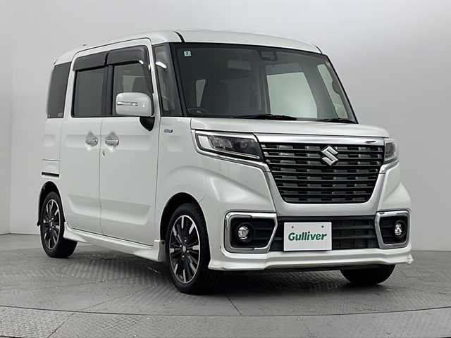 スズキ スペーシア カスタム HYBRID XS 新潟県 2018(平30)年 2.4万km ピュアホワイトP スズキセーフティサポート/純正オーディオ/　　AM/FM/AUX/両側パワースライドドア/HIDオートライト/ハーフレザーシート/運転席シートヒーター/15インチ純正アルミホイール付/アイドリングストップ/サーキュレーター/後席パーソナルテーブル/サンシェード/純正フロアマット/純正ドアバイザー/スペアキー/スマートキー