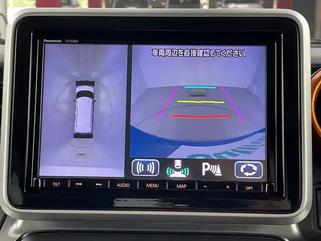 スズキ スペーシア ギア HYBRID XZターボ 愛知県 2019(令1)年 5.1万km ブリスクブルーメタリック/ガンメタリック2トーンルーフ 禁煙車/ターボ/純正8インチナビ/（CD/DVD/Bluetooth/フルセグTV/USB)/全方位カメラ/セーフティサポート/・デュアルセンサーブレーキサポート/・車線逸脱警報機能/・先行車発進お知らせ機能/・後退時ブレーキサポート/・リアパーキングセンサー/・前後誤発進抑制機能/・ふらつき警報機能/・ハイビームアシスト/ヘッドアップディスプレイ/クルーズコントロール/ドライブレコーダー/ETC/シートヒーター/パドルシフト/両側パワースライドドア/アイドリングストップ/ルーフレール/LEDヘッドライト/フロントフォグランプ/純正フロアマット/スマートキー/プッシュスタート/横滑り防止装置/電動格納ミラー/