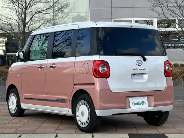 ダイハツ ムーヴ キャンバス ストライプス G 福島県 2022(令4)年 3.3万km シャイニングホワイトパール/アプリコットピンクメタリック スマートアシスト/衝突警報機能/衝突回避支援機能/誤発進抑制機能/車線逸脱警報機能/車線逸脱抑制制御機能/ふらつき警報/路側逸脱警報機能/先行車発進お知らせ機能/標識認識機能/アダプティブドライビングビーム/ディスプレイオーディオ/【USB/Bluetooth/TV/applecarplay/AndroidAuto】/バックカメラ/ETC/両側電動スライドドア/前席シートヒーター/ホッとカップホルダー/LEDオートライト/LEDフォグランプ/純正フロアマット