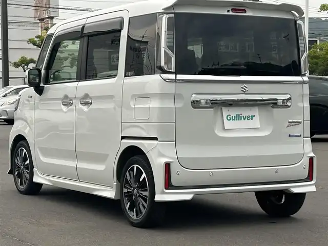 スズキ スペーシア カスタム HYBRID XS ターボ 岡山県 2018(平30)年 8.6万km ピュアホワイトP 登録時走行距離85768km/社外8インチナビ/フルセグTV/(AM.FM.CD.DVD.BT)/両側パワースライドドア/アラウンドビューモニター/バックカメラ/ETC/クリアランスソナー/クルーズコントロール/シートヒーター/衝突軽減ブレーキ/オートライト/15インチ純正AW/純正フロアマット/MTモード付AT/横滑り防止装置/純正エアロ（サイド）/アイドリングストップ
