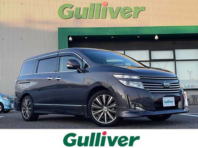 日産 エルグランド 250HWS アーバンクロム ブラックレザー 島根県 2013(平25)年 6.1万km メタルグレー 純正7インチSDナビゲーション(MP313D-W)/ワンセグ BT SD CD DVD HDMI対応/社外10.2インチフリップダウンモニター(PCX-R3300)/バックカメラ/D/N席パワーシート/D/N席シートヒーター/D席メモリシート/両側パワースライドドア/AUTOライト/フォグライト/社外19インチアルミホイール