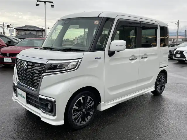 スズキ スペーシア カスタム HYBRID XS 長崎県 2018(平30)年 6万km ピュアホワイトP 純正8型ナビ/CD/DVD/BT/フルセグTV/両側パワースライドドア/全方位モニターカメラ/パーキングセンサー/セーフティサポート/・デュアルセンサーブレーキサポート/・後退時ブレーキサポート/・前後誤発進抑制機能/・車線逸脱警報機能/・ふらつき警報機能/・先行車発進お知らせ機能/・ハイビームアシスト/LEDオートヘッドランプ/本革巻きステアリング/合皮/ファブリックコンビシート/運転席シートヒーター/純正15インチアルミホイール/キーレスプッシュスタートシステム