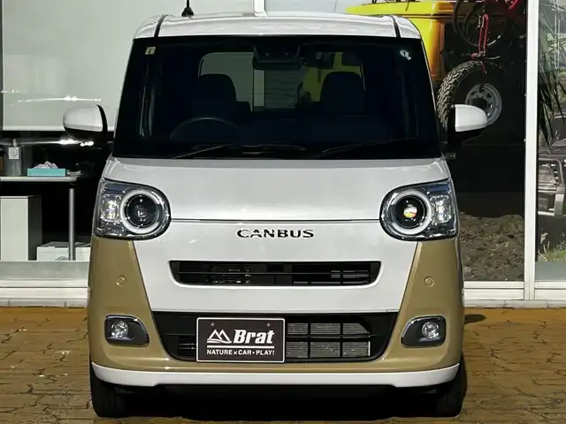 ダイハツ ムーヴ キャンバス ストライプス G ターボ 道北・旭川 2023(令5)年 1.6万km シャイニングホワイトパール/サンドベージュメタリック ワンオーナー/純正メモリナビ/フルセグテレビ/バックカメラ/前席シートヒーター/プッシュスタート/スマートキー/LEDヘッドライト/クルーズコントロール/ドアバイザー/プッシュスタート/両側パワースライドドア