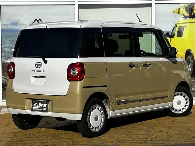 ダイハツ ムーヴ キャンバス ストライプス G ターボ 道北・旭川 2023(令5)年 1.6万km シャイニングホワイトパール/サンドベージュメタリック ワンオーナー/純正メモリナビ/フルセグテレビ/バックカメラ/前席シートヒーター/プッシュスタート/スマートキー/LEDヘッドライト/クルーズコントロール/ドアバイザー/プッシュスタート/両側パワースライドドア