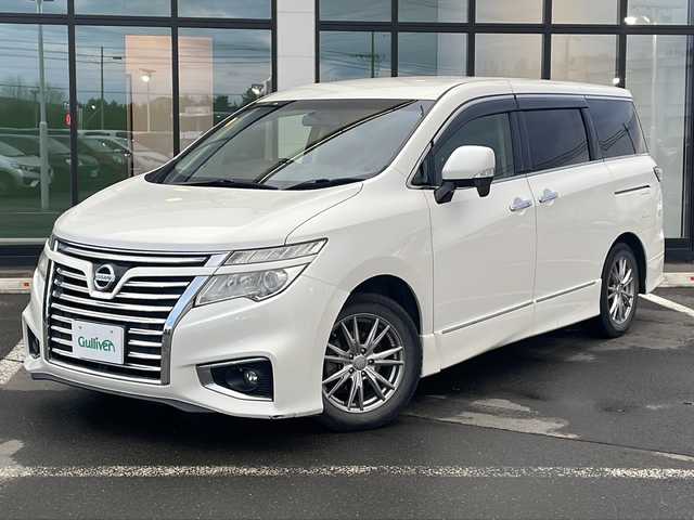 日産 エルグランド 250ハイウェイスター 道東・釧路十勝 2014(平26)年 12.7万km ブリリアントホワイトパール ・2WD/4WD切替/・純正SDナビ/【BT.FM/AM.CD/DVD】/・両側パワースライドドア/・純正エンジンスターター/・横滑り防止/・クルーズコントロール/・純正AW付夏用タイヤ　積込/・LEDヘッドライト/・フォグライト/・オートライト/・革巻きステアリング/・電格ウィンカーミラー/・ドアバイザー