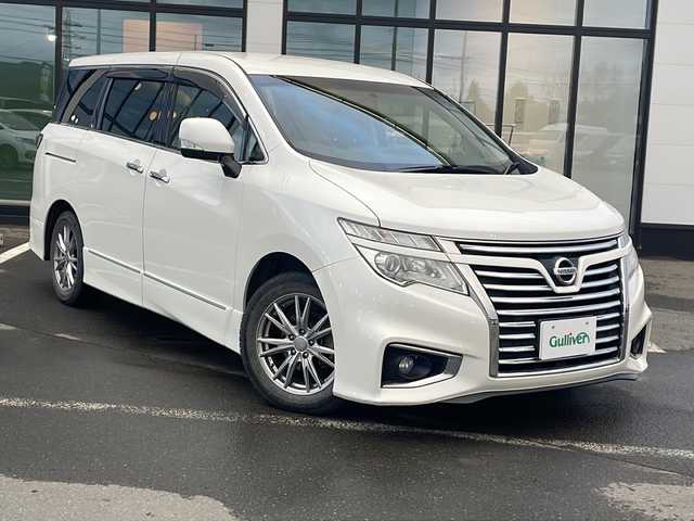日産 エルグランド 250ハイウェイスター 道東・釧路十勝 2014(平26)年 12.7万km ブリリアントホワイトパール ・2WD/4WD切替/・純正SDナビ/【BT.FM/AM.CD/DVD】/・両側パワースライドドア/・純正エンジンスターター/・横滑り防止/・クルーズコントロール/・純正AW付夏用タイヤ　積込/・LEDヘッドライト/・フォグライト/・オートライト/・革巻きステアリング/・電格ウィンカーミラー/・ドアバイザー