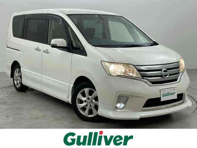 日産 セレナ ハイウェイスター Vエアロセレ 福岡県 2012(平24)年 9.7万km ブリリアントホワイトパール 純正ナビ（ＢＴ，フルセグＴＶ）　/ＥＴＣ　/クルーズコントロール　/両側電動スライドドア　/横滑り防止　/アイドリングストップ　/ＥＣＯモード　/プッシュスタート　/純正フロアマット　/純正１６インチＡＷ　/ドアバイザー
