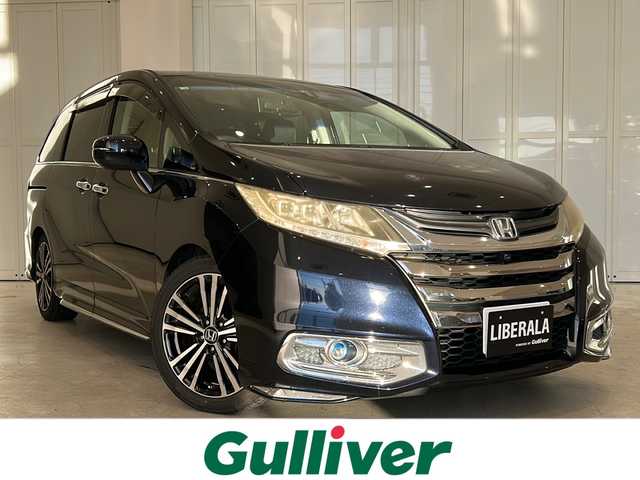 ホンダ オデッセイ アブソルート EX 栃木県 2014(平26)年 6.2万km プレミアムヴィーナスブラックP 純正フリップモニター/純正HDDナビ/　フルセグTV/HDMI/Bluetooth/DISC/あんしんパッケージ/・シティブレーキアクティブシステム/・1列目シート用i-サイドエアバッグシステム/・サイドカーテンエアバッグシステム/コンフォートビューパッケージ/黒革ハーフレザーシート/全周囲カメラ/クルーズコントロール/パドルシフト/両側パワースライドドア/ブラインドスポットモニター/ETC/AUTOライト/LEDヘッドライト/LEDルームランプ/純正フロアマット/純正ドアバイザー