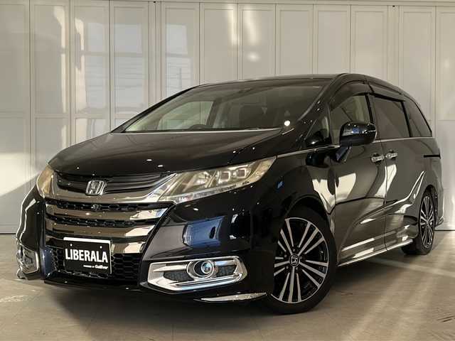 ホンダ オデッセイ アブソルート EX 栃木県 2014(平26)年 6.2万km プレミアムヴィーナスブラックP 純正フリップモニター/純正HDDナビ/　フルセグTV/HDMI/Bluetooth/DISC/あんしんパッケージ/・シティブレーキアクティブシステム/・1列目シート用i-サイドエアバッグシステム/・サイドカーテンエアバッグシステム/コンフォートビューパッケージ/黒革ハーフレザーシート/全周囲カメラ/クルーズコントロール/パドルシフト/両側パワースライドドア/ブラインドスポットモニター/ETC/AUTOライト/LEDヘッドライト/LEDルームランプ/純正フロアマット/純正ドアバイザー