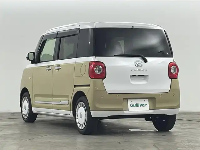 ダイハツ ムーヴ キャンバス ストライプス G 福島県 2022(令4)年 1.8万km シャイニングホワイトパール/サンドベージュメタリック スマートアシスト　/・衝突軽減/・車線逸脱警報/・オートマチックハイビーム/・コーナーセンサー/バックカメラ　/両側パワースライドドア　/社外ディスプレイオーディオ　/ステアリングスイッチ　/・革巻きステアリング/・チルトステアリング/・革巻きステアリング/シートヒーター　/プッシュスタート/・スマートキー　/オートライト　/・ＬＥＤライト　/・フォグライト/電子パーキング/・ブレーキホールド/