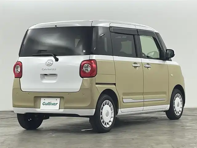 ダイハツ ムーヴ キャンバス ストライプス G 福島県 2022(令4)年 1.8万km シャイニングホワイトパール/サンドベージュメタリック スマートアシスト　/・衝突軽減/・車線逸脱警報/・オートマチックハイビーム/・コーナーセンサー/バックカメラ　/両側パワースライドドア　/社外ディスプレイオーディオ　/ステアリングスイッチ　/・革巻きステアリング/・チルトステアリング/・革巻きステアリング/シートヒーター　/プッシュスタート/・スマートキー　/オートライト　/・ＬＥＤライト　/・フォグライト/電子パーキング/・ブレーキホールド/
