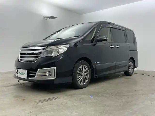 日産 セレナ ライダー S HV Aセーフティ 岡山県 2015(平27)年 6万km ダイヤモンドブラック 純正8インチSDナビ(MM514D-L）/(Bluetooth/CD/AUX/DVD有)/11インチ純正フリップダウンモニター/アラウンドビューモニター/両側パワースライドドア/ビルトインETC/LEDヘッドライト/クルーズコントロール/エマージェンシーブレーキ/ドライブレコーダー(社外・前)/純正フロアマット/純正アルミホイール/コーナーセンサー(前後)/レーンアシスト/踏み間違い衝突防止アシスト
