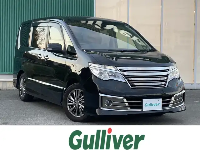 日産 セレナ ライダー Bライン Sハイブリッド 福岡県 2014(平26)年 7.5万km ダイヤモンドブラック 純正フリップダウンモニター/パノラミックガラスルーフ/純正8型ナビ（BT/フルセグ/AM/FM/DISC）/Bカメラ/クルーズコントロール/両側パワースライドドア/LEDヘッドライト/オートライト/ウォークスルー/純正16インチAW/アイドリングストップ/横滑り防止装置/レーンキープアシスト/盗難防止装置/ドライブレコーダー/スマートキー/ETC