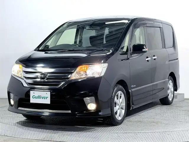 日産 セレナ ハイウェイS G Sハイブリッド 大阪府 2012(平24)年 4.9万km スーパーブラック 純正ナビTV バックカメラ フリップダウンモニター 両側パワースライドドア クルーズコントロール スマートキー プッシュスタート アイドリングストップ オートライト クリアランスソナー ETC
