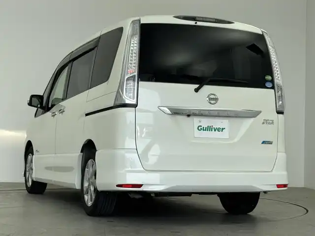 日産 セレナ ハイウェイスター Sハイブリッド 愛知県 2012(平24)年 8.7万km ブリリアントホワイトパール 純正ナビ/（フルセグ／ＢＴ／ＣＤ／ＤＶＤ）/クルーズコントロール/両側パワースライドドア/横滑り防止装置/純正マット/純正ＡＷ/オートライト/プッシュスタート/スマートキー/三列シート