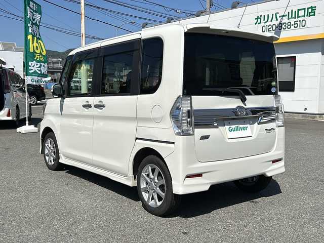 ダイハツ タント カスタム X トップED SA 山口県 2014(平26)年 13.1万km パールホワイトⅢ 社外ナビ/DVD/CD/BT/USB/フルセグTV/バックカメラ/左後ろパワースライドドア/純正HIDヘッドライト/純正フォグランプ/オートライト/純正１４インチアルミホイール/ステアリングスイッチ/黒革調シートカバー/衝突被害軽減ブレーキ/横滑り防止/アイドリングストップ/スマートキー/フロアマット/ドアバイザー/ETC/電動格納ウインカードアミラー